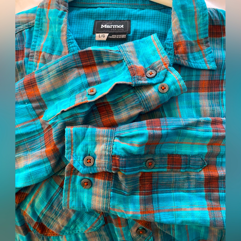 MARMOT Flannel Shirt Women's Size Large Blue Orange Plaid Check Button Down Top